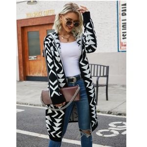 Hooded Aztec Print Longline Cardigan Long Sleeve Black and White Open Front
